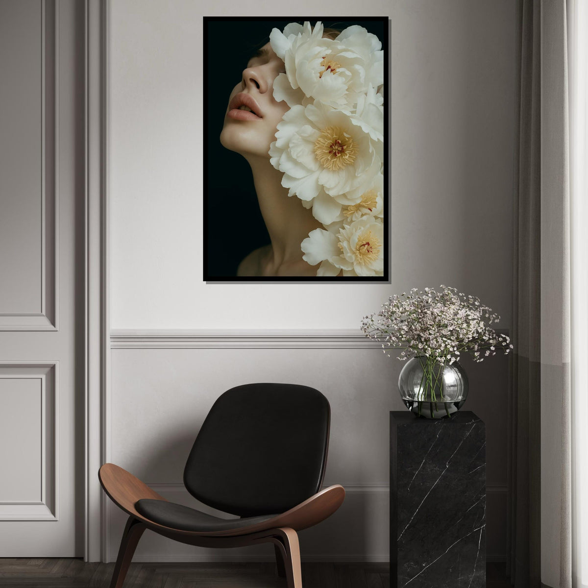 Floral Elegance Canvas, Woman with Flowers Art, Peony Blossom Wall Print, Wall Art Canvas Design, Ready to Hang Decoration