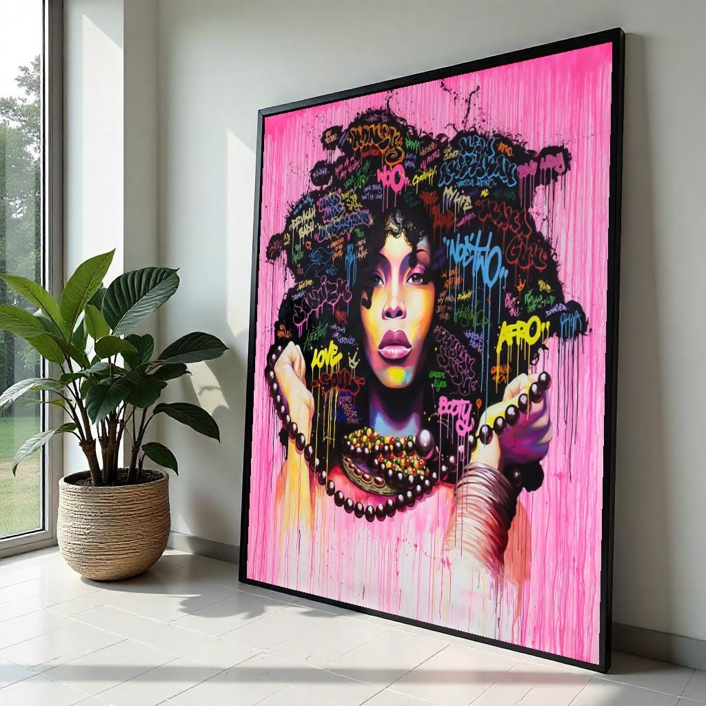 Afro Graffiti Canvas, Vibrant Woman Art, Colorful Hair Wall Print, Wall Art Canvas Design, Ready To Hang Decoration