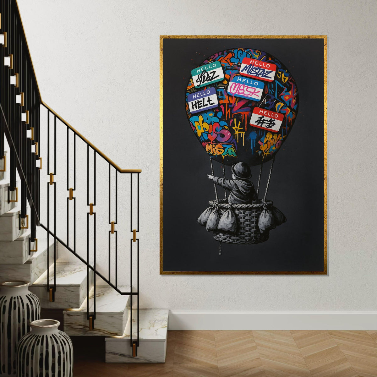 Graffiti Balloon Canvas, Street Art Hot Air Balloon, Urban Art Print, Wall Art Canvas Design, Ready To Hang Decoration