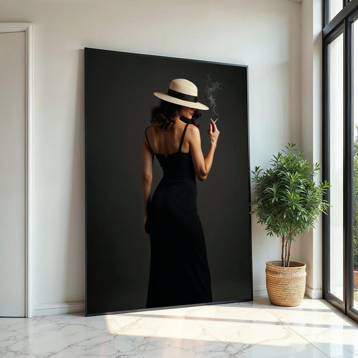 Elegant Woman Canvas, Lady in Hat Smoking Art, Mysterious Chic Wall Design, Fashion Canvas Print, Ready To Hang Home Decor