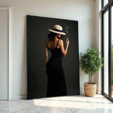Elegant Woman Canvas, Lady in Hat Smoking Art, Mysterious Chic Wall Design, Fashion Canvas Print, Ready To Hang Home Decor