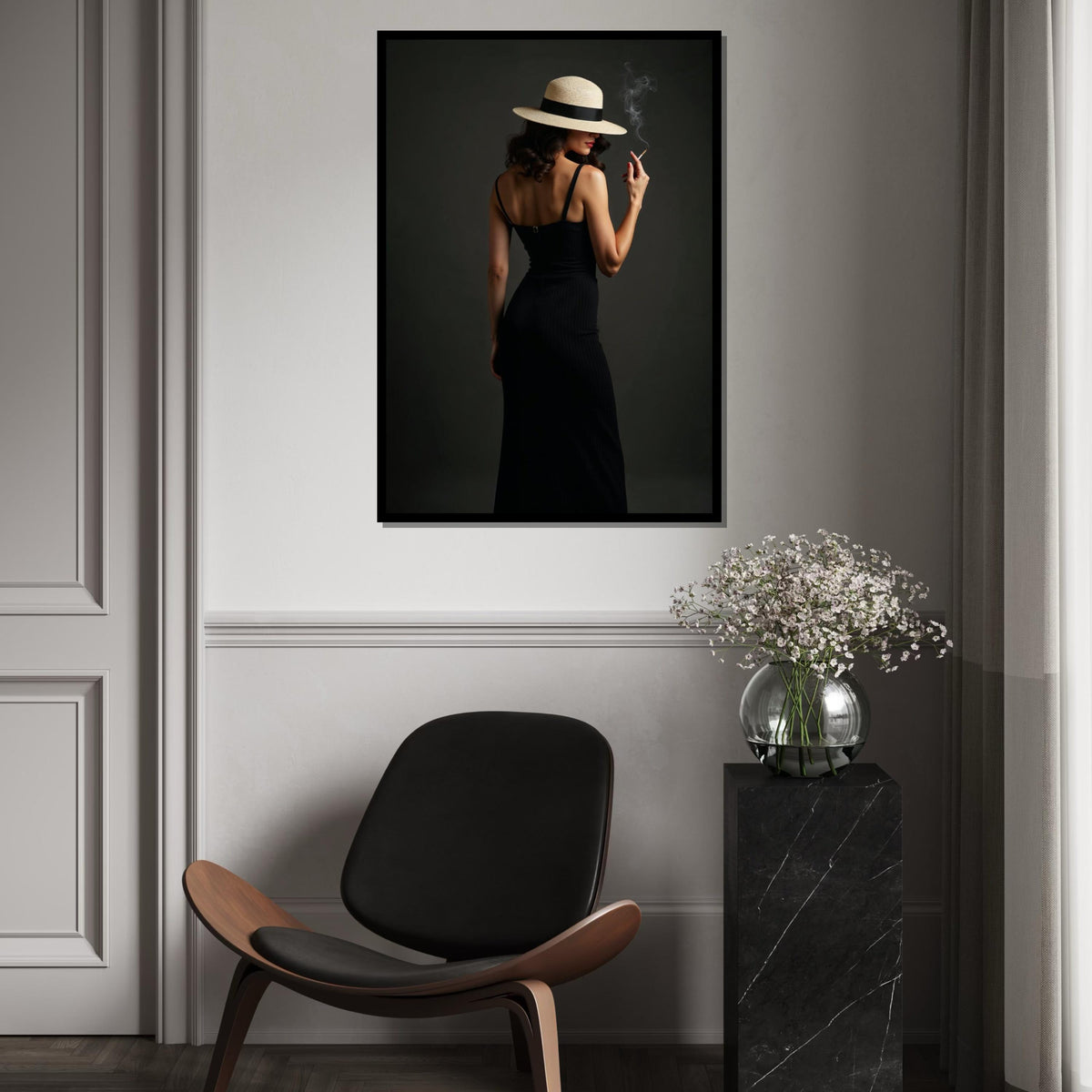 Elegant Woman Canvas, Lady in Hat Smoking Art, Mysterious Chic Wall Design, Fashion Canvas Print, Ready To Hang Home Decor