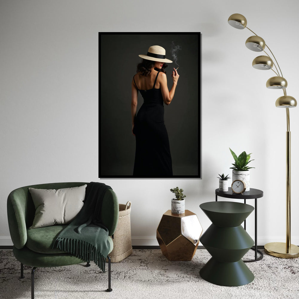 Elegant Woman Canvas, Lady in Hat Smoking Art, Mysterious Chic Wall Design, Fashion Canvas Print, Ready To Hang Home Decor