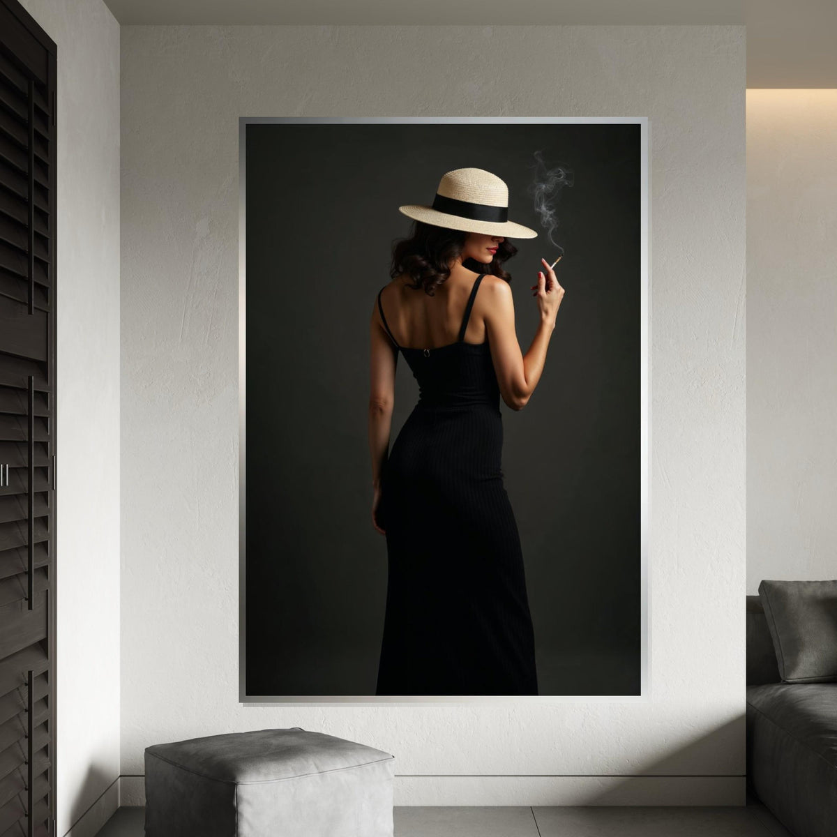 Elegant Woman Canvas, Lady in Hat Smoking Art, Mysterious Chic Wall Design, Fashion Canvas Print, Ready To Hang Home Decor