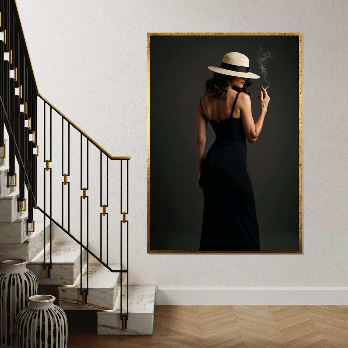 Elegant Woman Canvas, Lady in Hat Smoking Art, Mysterious Chic Wall Design, Fashion Canvas Print, Ready To Hang Home Decor