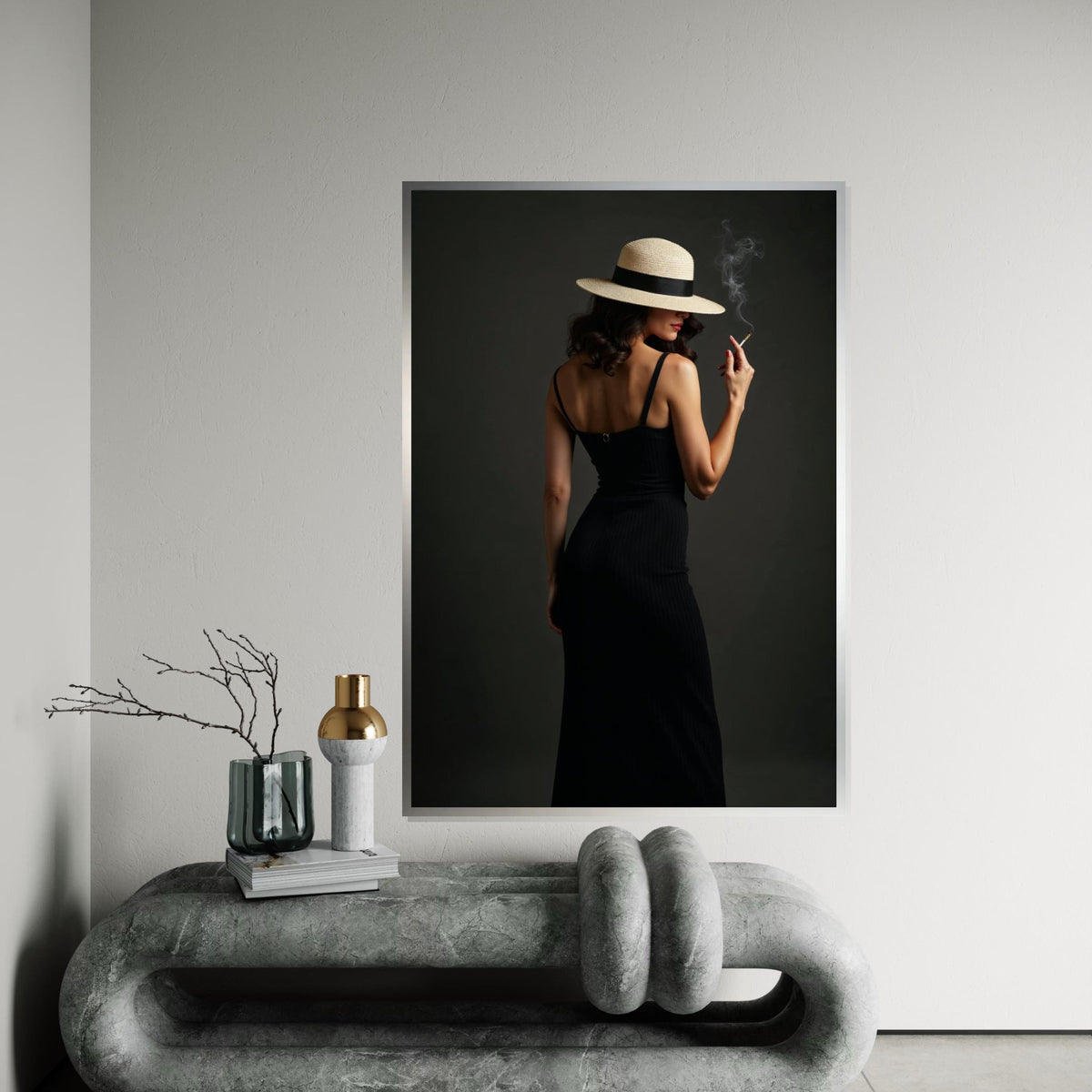 Elegant Woman Canvas, Lady in Hat Smoking Art, Mysterious Chic Wall Design, Fashion Canvas Print, Ready To Hang Home Decor
