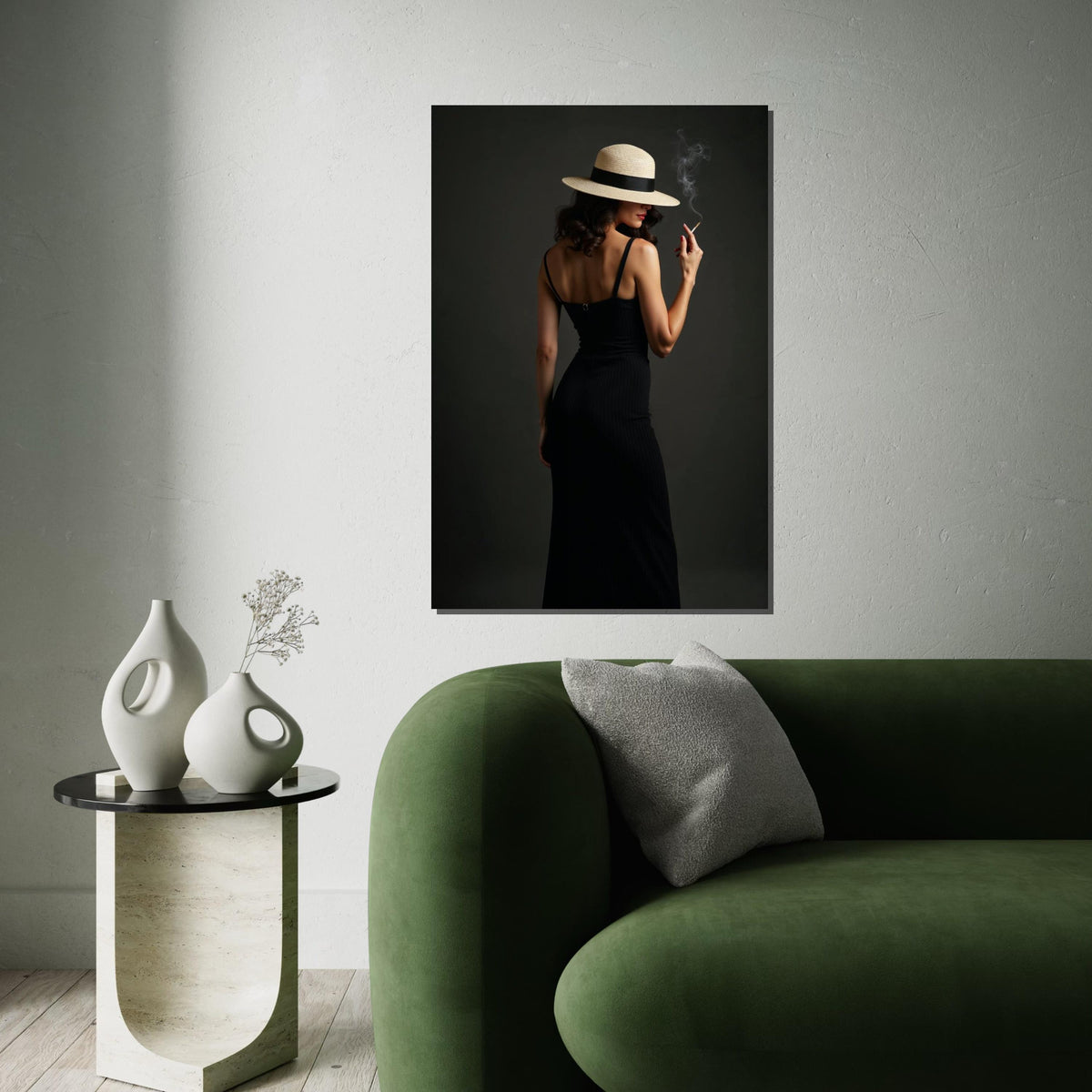 Elegant Woman Canvas, Lady in Hat Smoking Art, Mysterious Chic Wall Design, Fashion Canvas Print, Ready To Hang Home Decor