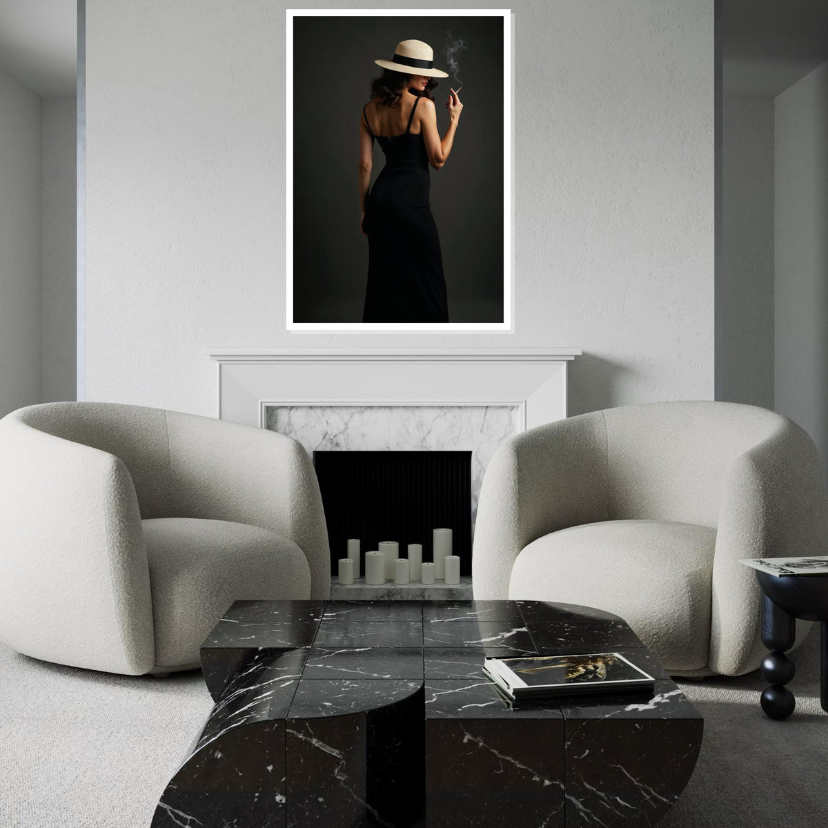 Elegant Woman Canvas, Lady in Hat Smoking Art, Mysterious Chic Wall Design, Fashion Canvas Print, Ready To Hang Home Decor