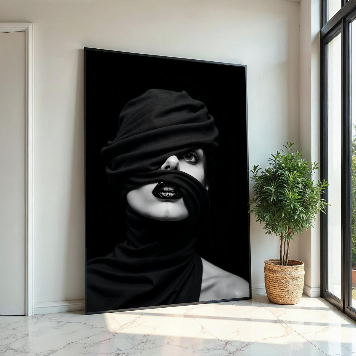 Enigmatic Gaze Canvas, Wrapped Face Art, Black and White Portrait, Modern Wall Art, Canvas Design, Ready to Hang Decoration