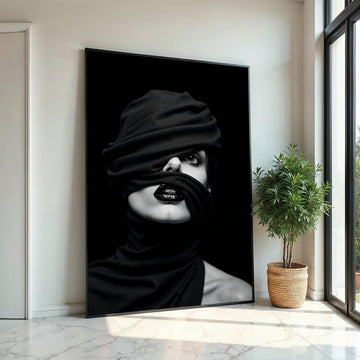 Enigmatic Gaze Canvas, Wrapped Face Art, Black and White Portrait, Modern Wall Art, Canvas Design, Ready to Hang Decoration