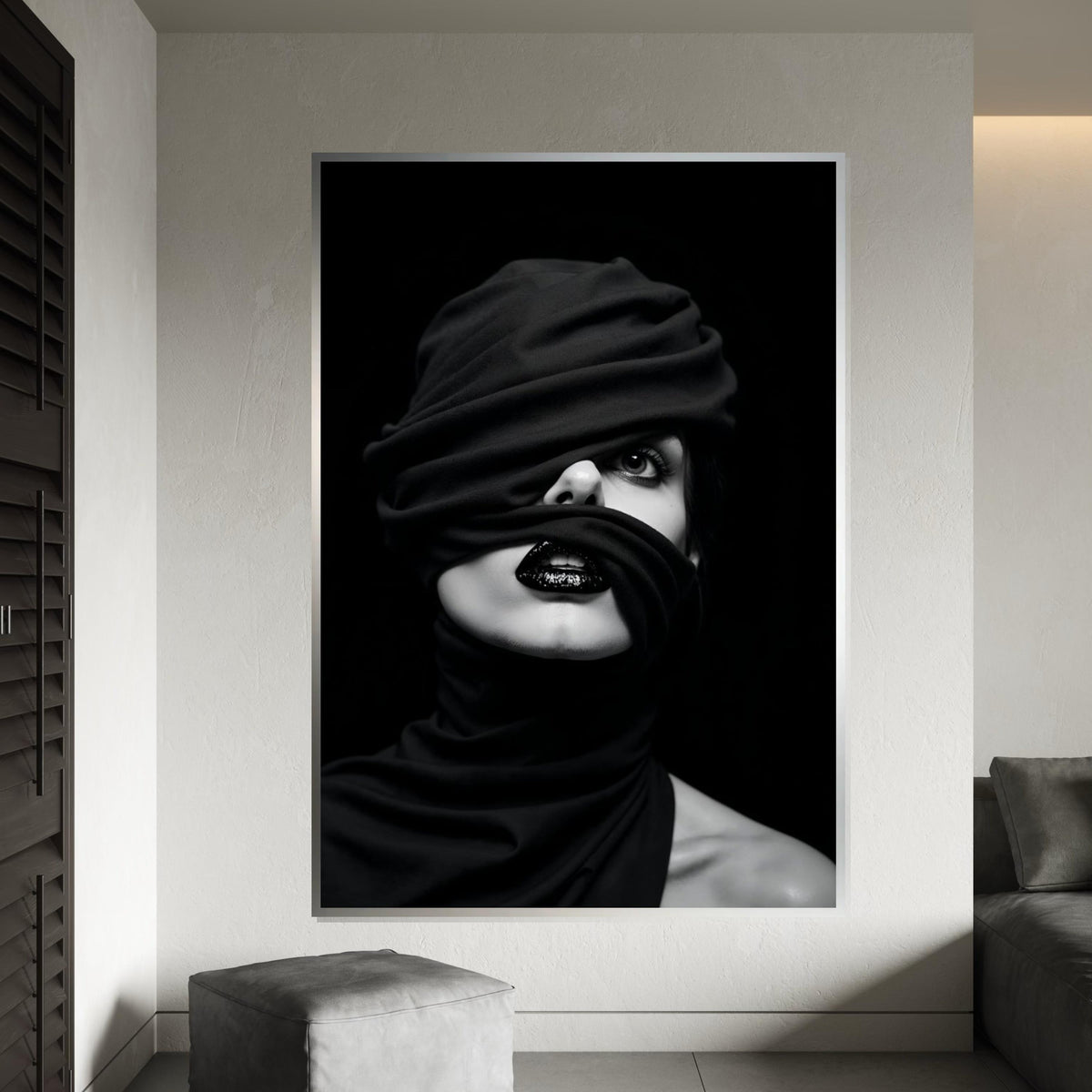 Enigmatic Gaze Canvas, Wrapped Face Art, Black and White Portrait, Modern Wall Art, Canvas Design, Ready to Hang Decoration