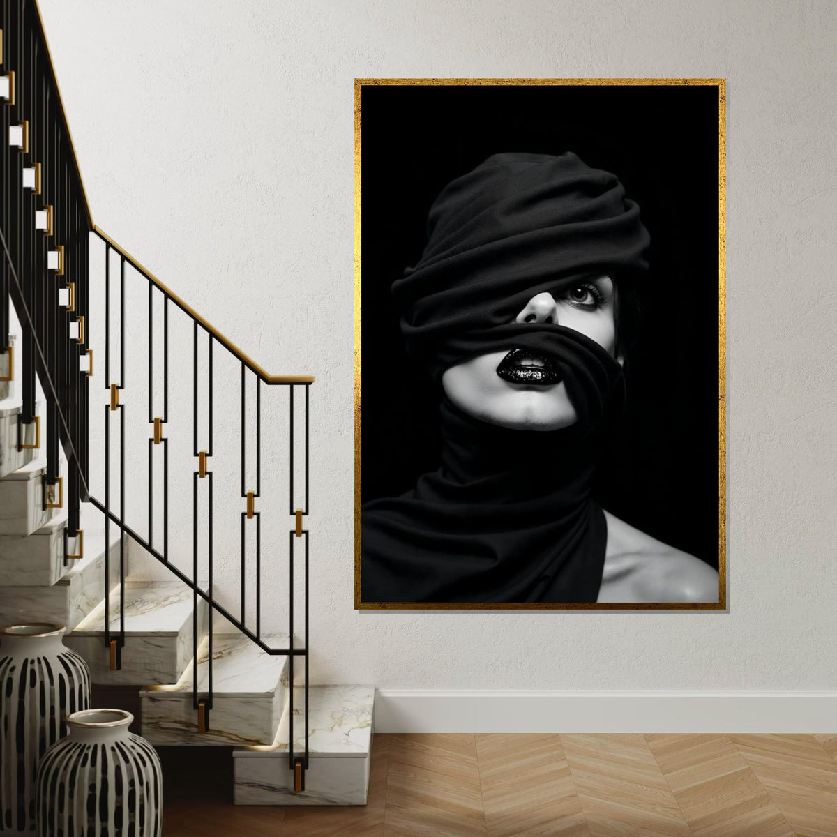 Enigmatic Gaze Canvas, Wrapped Face Art, Black and White Portrait, Modern Wall Art, Canvas Design, Ready to Hang Decoration