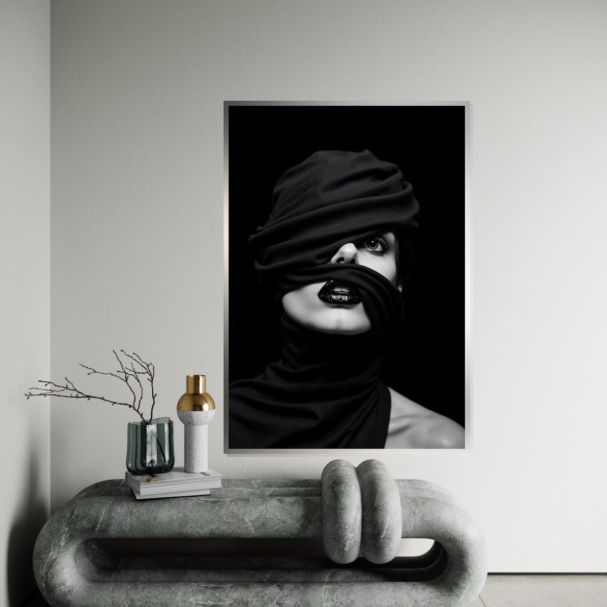 Enigmatic Gaze Canvas, Wrapped Face Art, Black and White Portrait, Modern Wall Art, Canvas Design, Ready to Hang Decoration