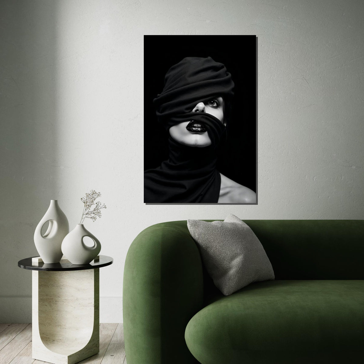 Enigmatic Gaze Canvas, Wrapped Face Art, Black and White Portrait, Modern Wall Art, Canvas Design, Ready to Hang Decoration