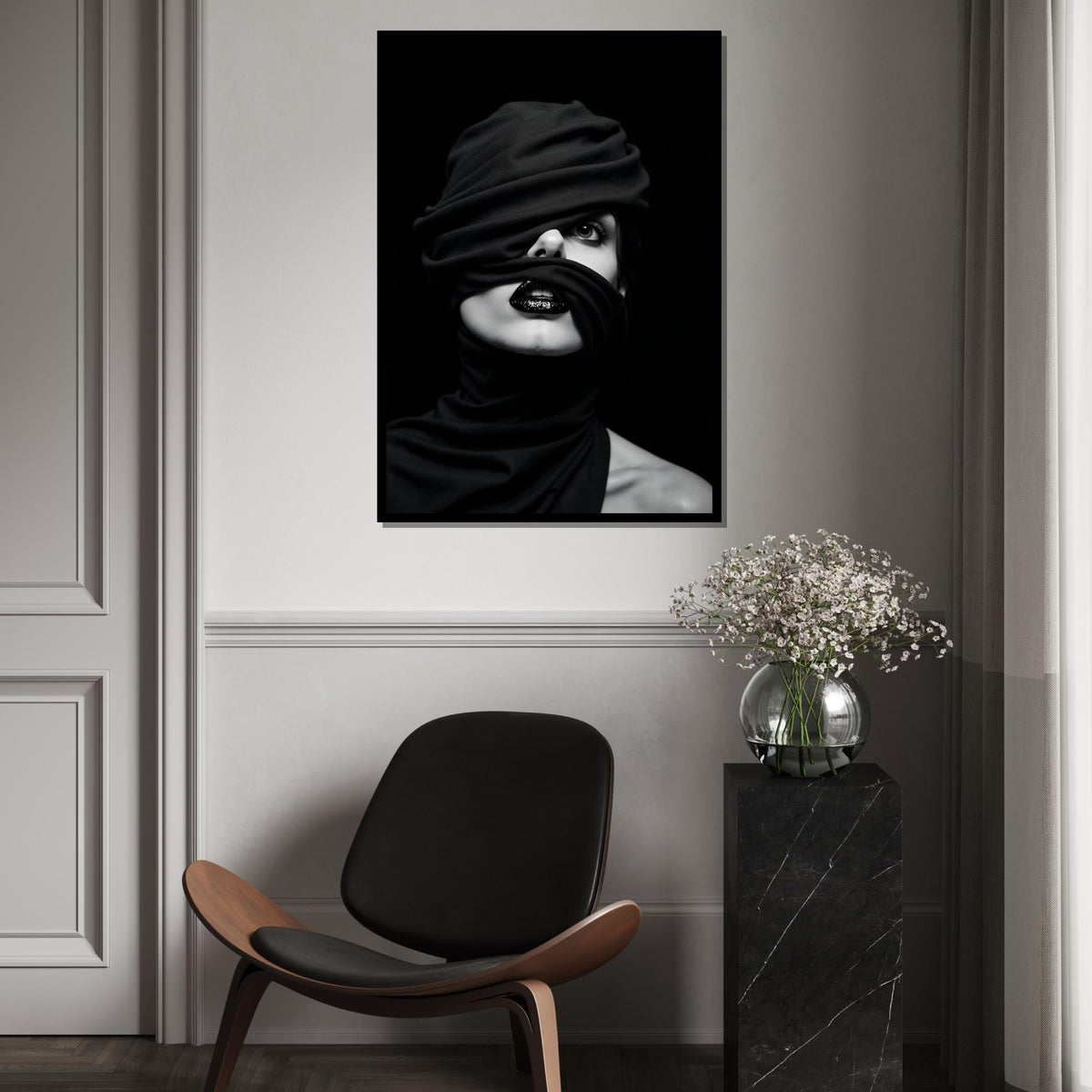 Enigmatic Gaze Canvas, Wrapped Face Art, Black and White Portrait, Modern Wall Art, Canvas Design, Ready to Hang Decoration