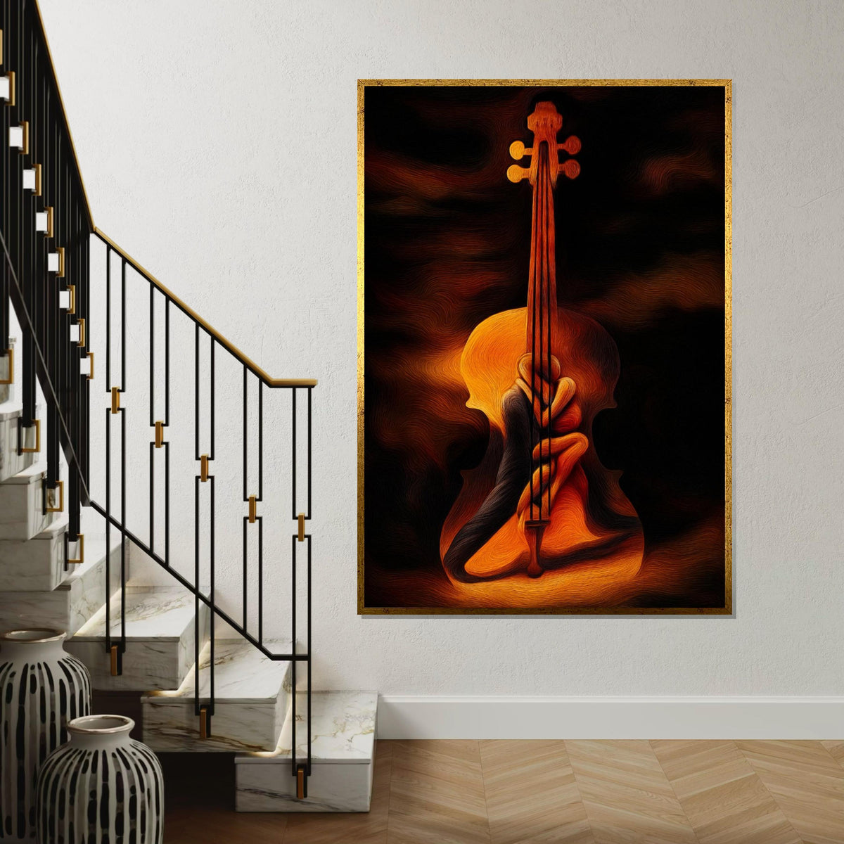 Abstract Violin Lovers Canvas, Surreal Couple Art, Embrace Wall Print, Romantic Wall Art Canvas Design, Ready To Hang Decoration