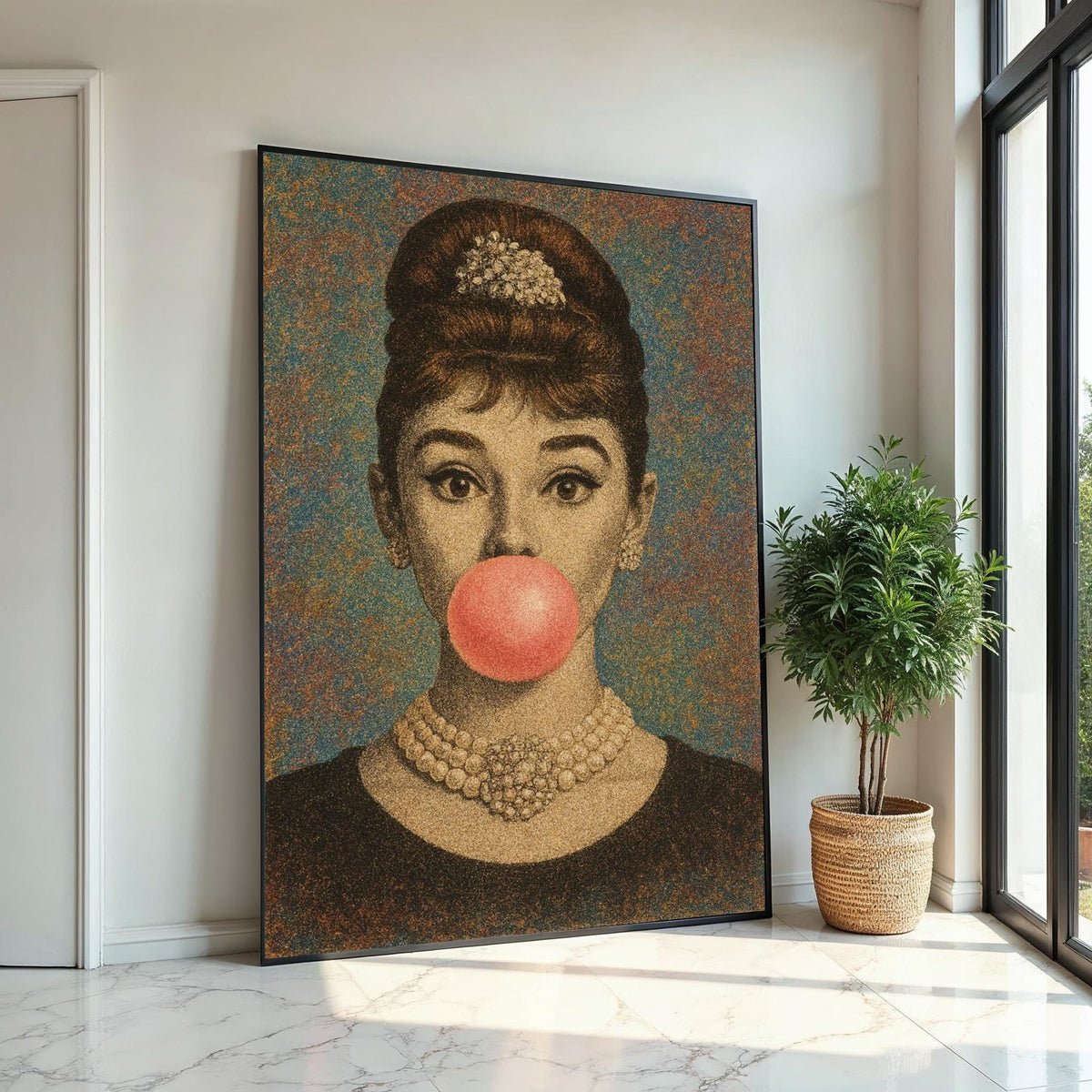Hepburn Art Classic Bubble Gum Canvas, Vintage Glamour Wall Art, Fashion Icon Poster, Pop Art Canvas Design, Ready To Hang Decoration