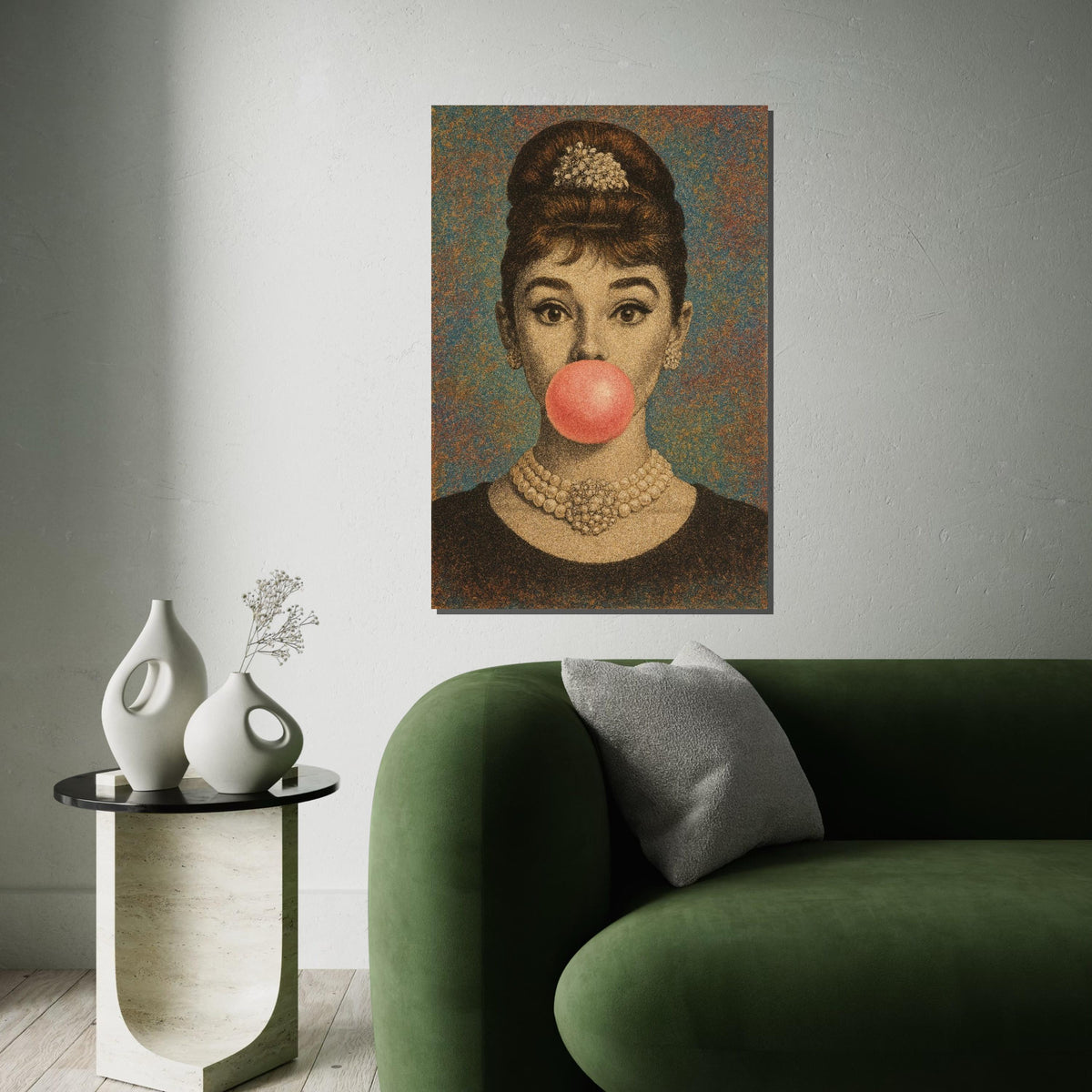 Hepburn Art Classic Bubble Gum Canvas, Vintage Glamour Wall Art, Fashion Icon Poster, Pop Art Canvas Design, Ready To Hang Decoration