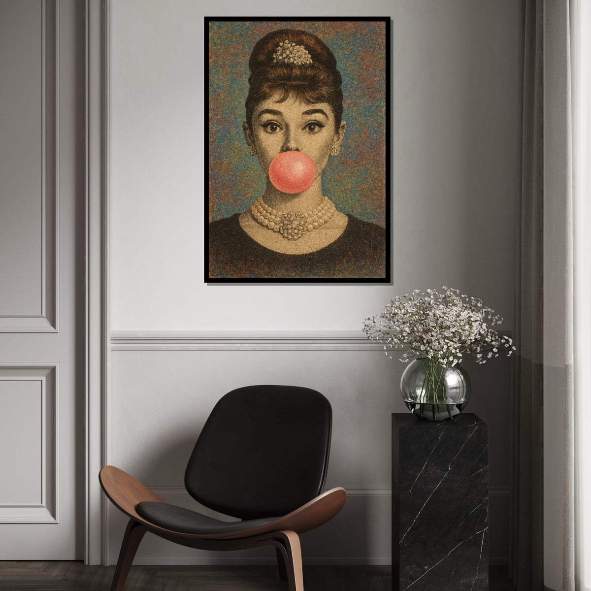 Hepburn Art Classic Bubble Gum Canvas, Vintage Glamour Wall Art, Fashion Icon Poster, Pop Art Canvas Design, Ready To Hang Decoration