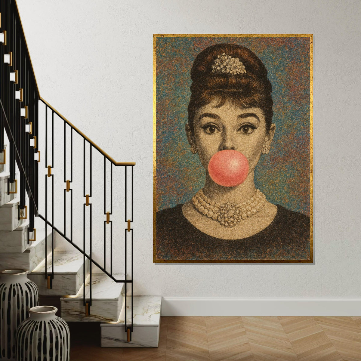Hepburn Art Classic Bubble Gum Canvas, Vintage Glamour Wall Art, Fashion Icon Poster, Pop Art Canvas Design, Ready To Hang Decoration