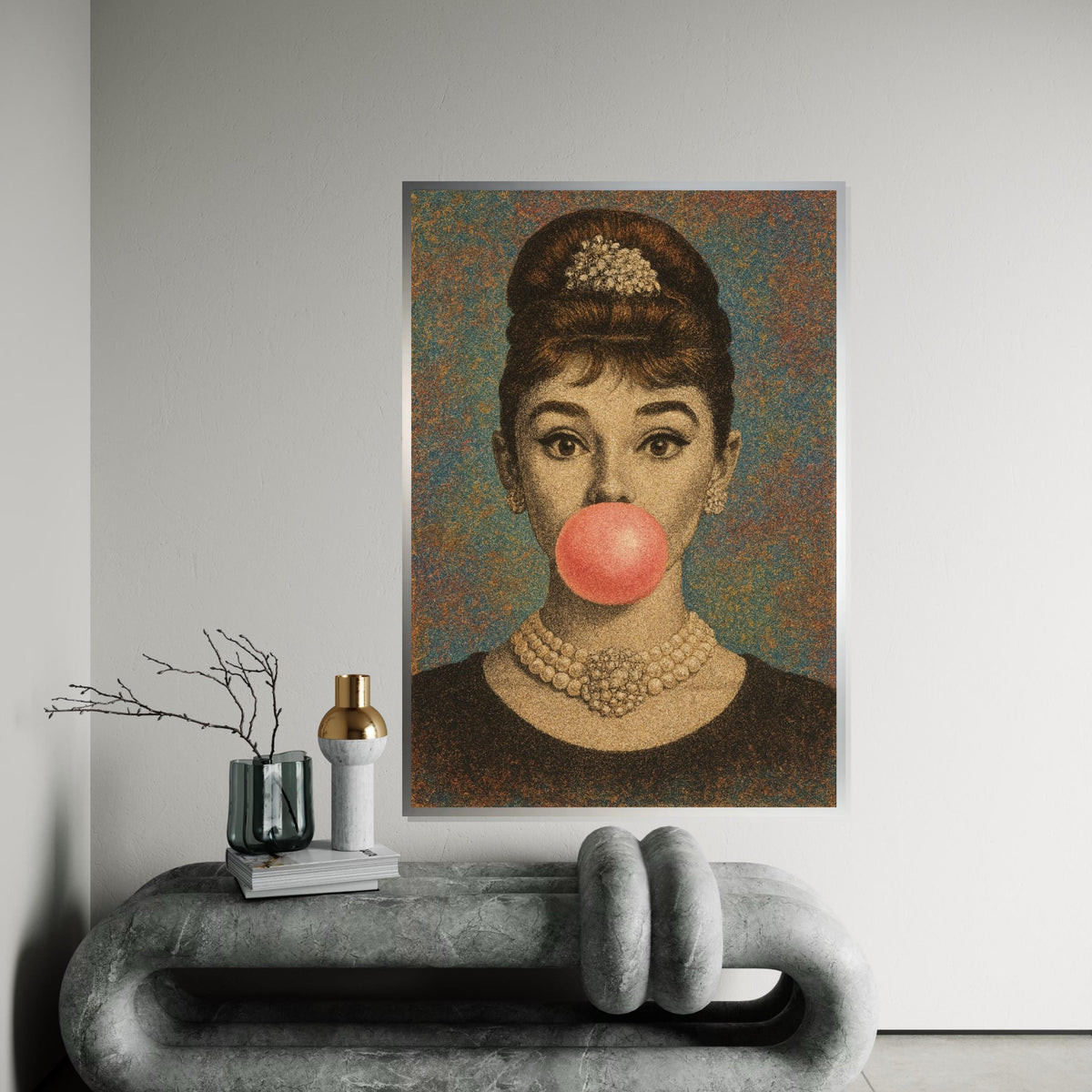 Hepburn Art Classic Bubble Gum Canvas, Vintage Glamour Wall Art, Fashion Icon Poster, Pop Art Canvas Design, Ready To Hang Decoration