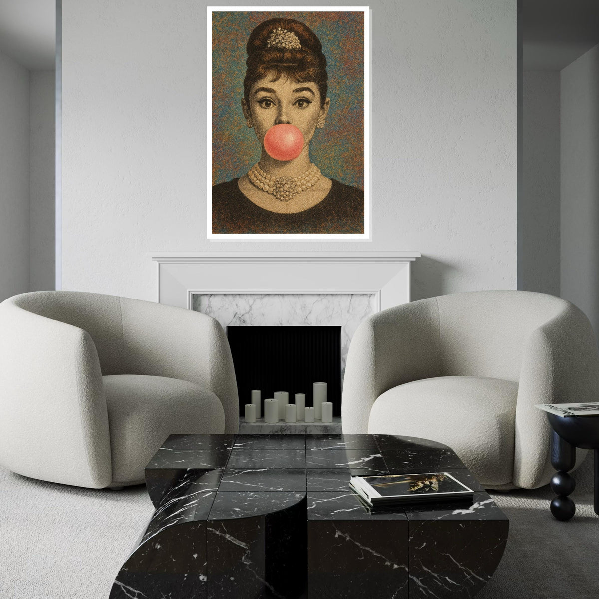 Hepburn Art Classic Bubble Gum Canvas, Vintage Glamour Wall Art, Fashion Icon Poster, Pop Art Canvas Design, Ready To Hang Decoration