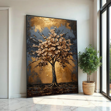 Golden Blossom Tree Canvas, Floral Wall Art, Nature Abstract, Gold  Blue Canvas, Wall Art Canvas Design, Ready to Hang Decoration