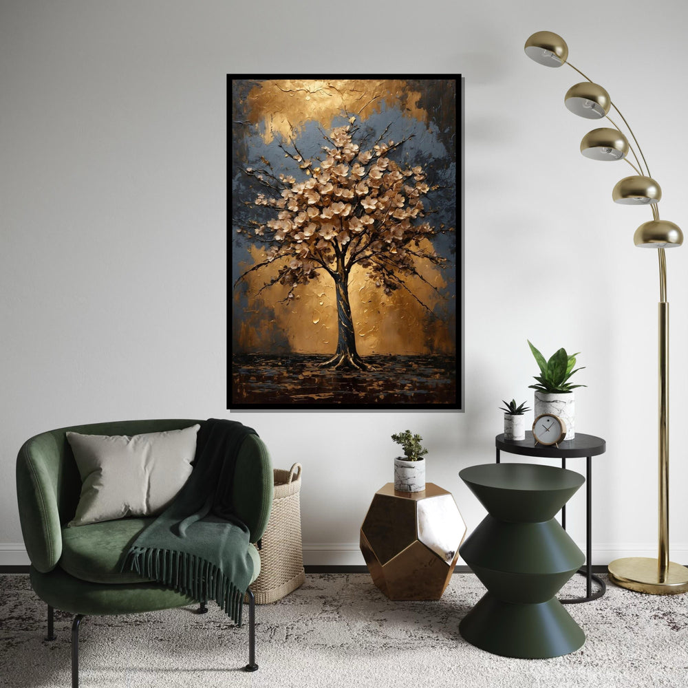 Golden Blossom Tree Canvas, Floral Wall Art, Nature Abstract, Gold  Blue Canvas, Wall Art Canvas Design, Ready to Hang Decoration