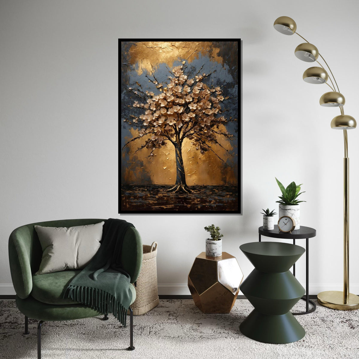 Golden Blossom Tree Canvas, Floral Wall Art, Nature Abstract, Gold  Blue Canvas, Wall Art Canvas Design, Ready to Hang Decoration