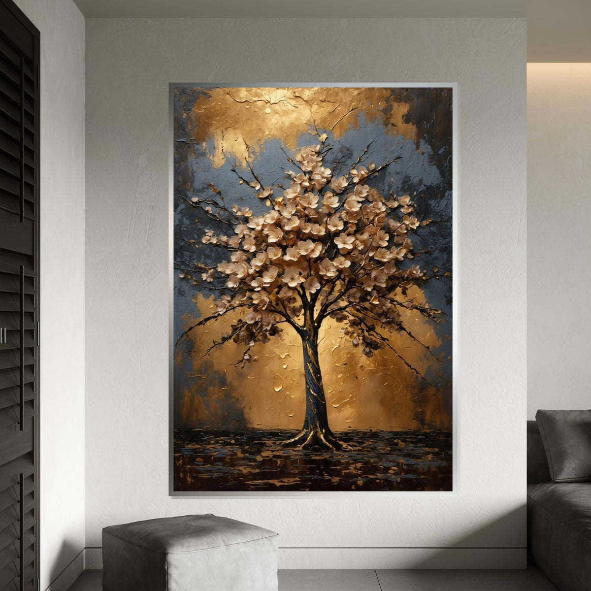 Golden Blossom Tree Canvas, Floral Wall Art, Nature Abstract, Gold  Blue Canvas, Wall Art Canvas Design, Ready to Hang Decoration