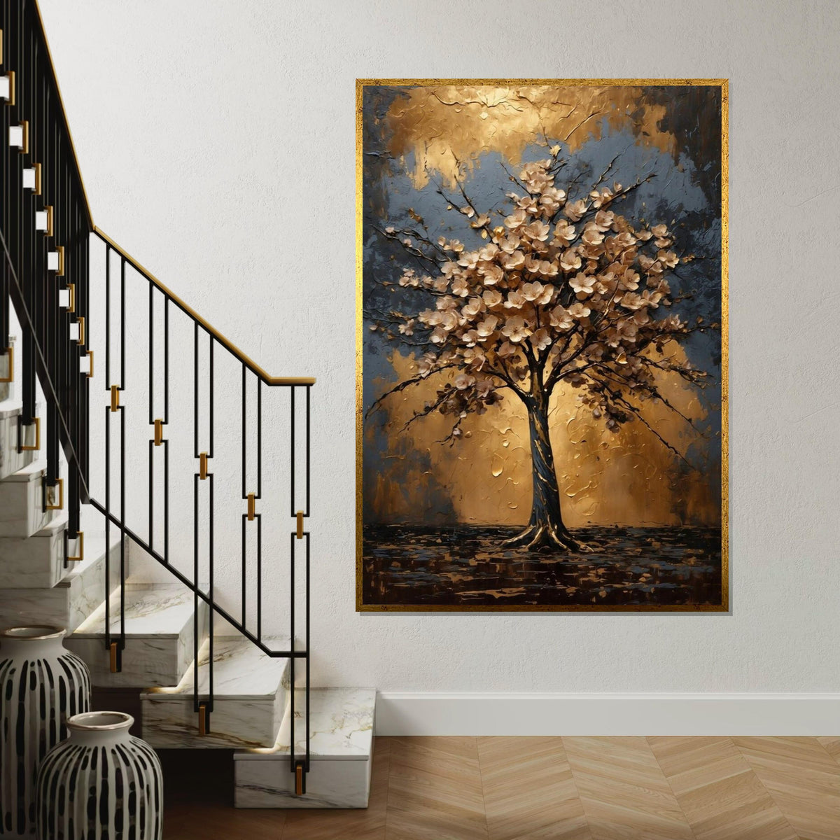Golden Blossom Tree Canvas, Floral Wall Art, Nature Abstract, Gold  Blue Canvas, Wall Art Canvas Design, Ready to Hang Decoration