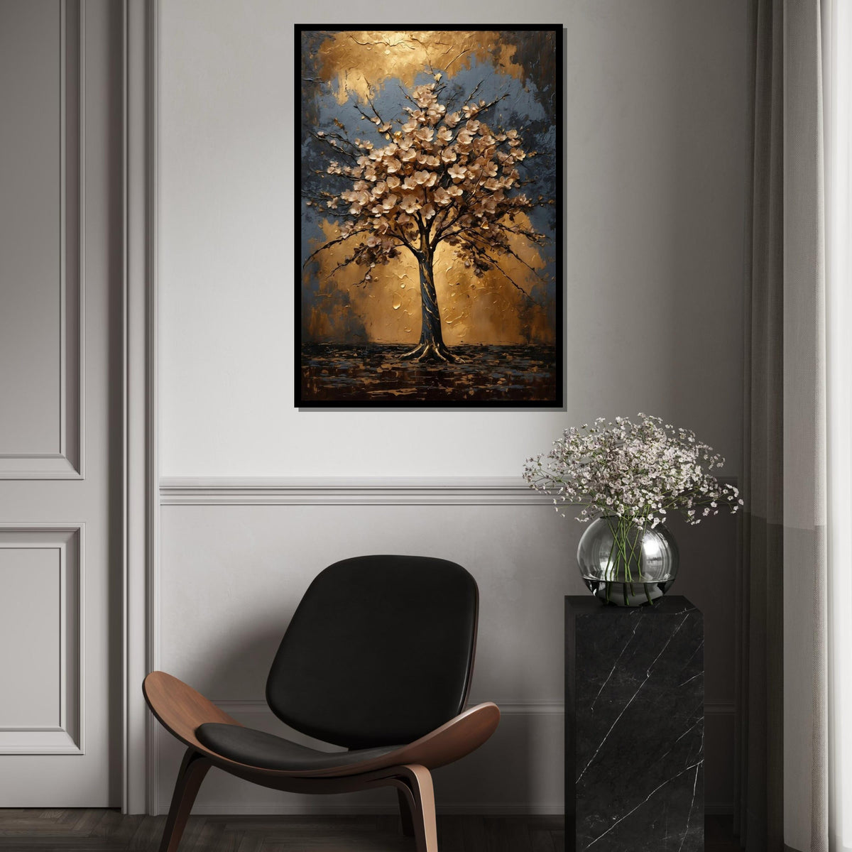 Golden Blossom Tree Canvas, Floral Wall Art, Nature Abstract, Gold  Blue Canvas, Wall Art Canvas Design, Ready to Hang Decoration