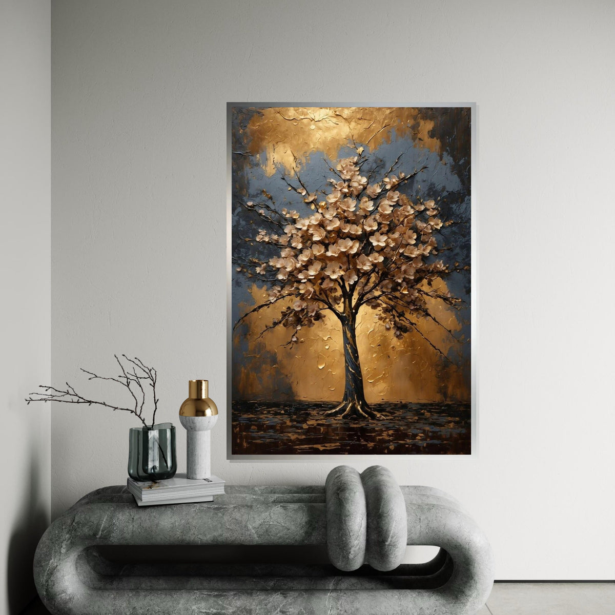 Golden Blossom Tree Canvas, Floral Wall Art, Nature Abstract, Gold  Blue Canvas, Wall Art Canvas Design, Ready to Hang Decoration