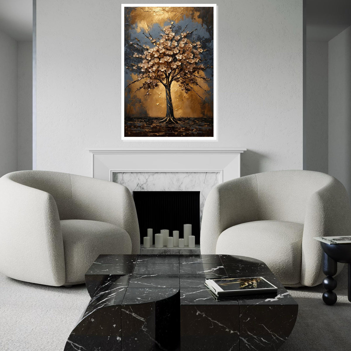 Golden Blossom Tree Canvas, Floral Wall Art, Nature Abstract, Gold  Blue Canvas, Wall Art Canvas Design, Ready to Hang Decoration