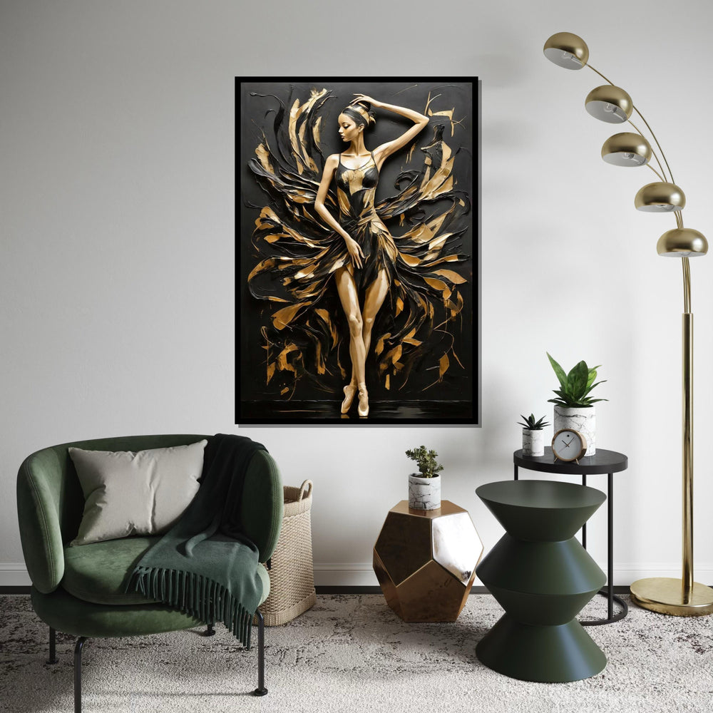 Elegant Ballerina Canvas Art, Dance Wall Art, Black and Gold Canvas, Textured Ballet Decor, Wall Art Canvas Design, Ready to Hang