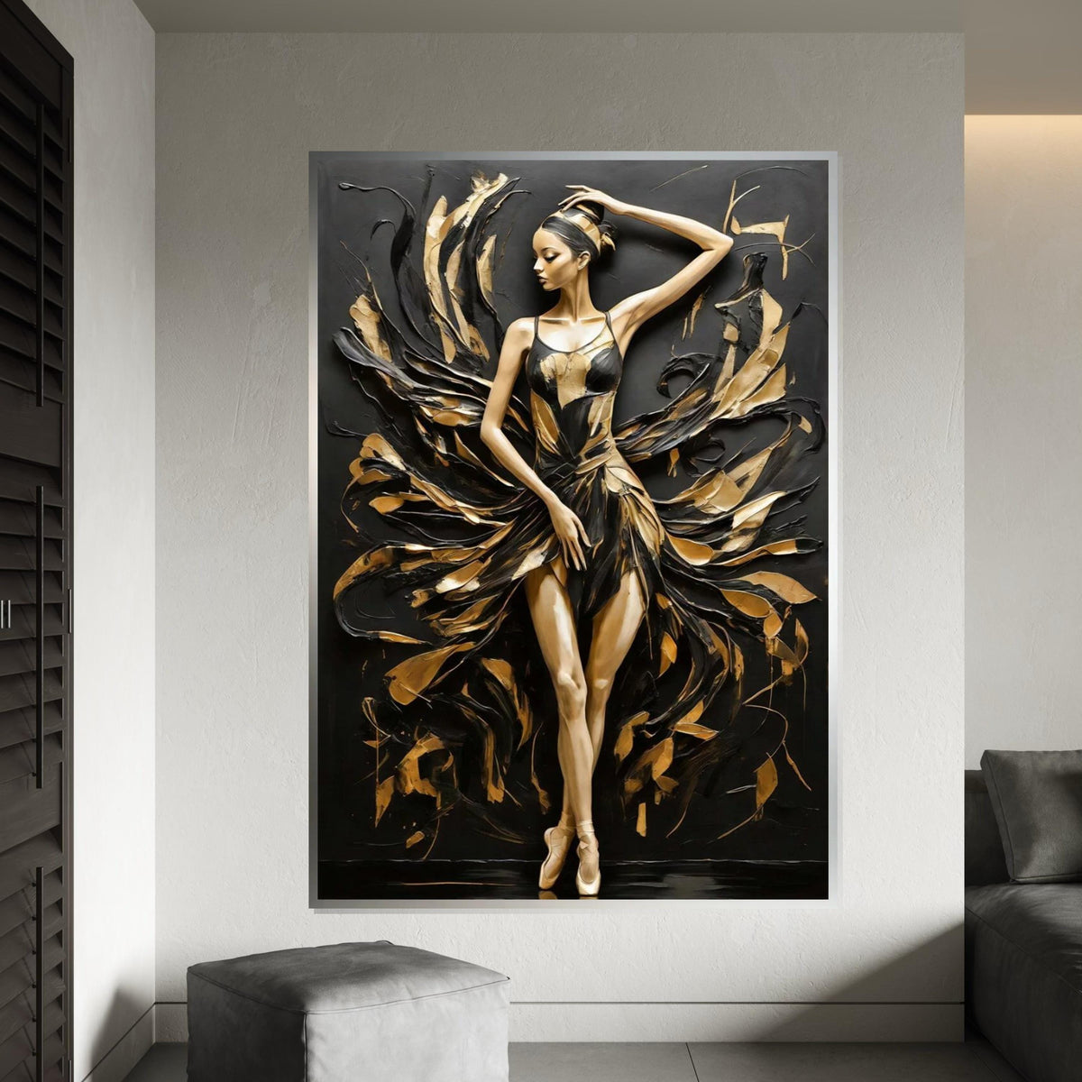 Elegant Ballerina Canvas Art, Dance Wall Art, Black and Gold Canvas, Textured Ballet Decor, Wall Art Canvas Design, Ready to Hang