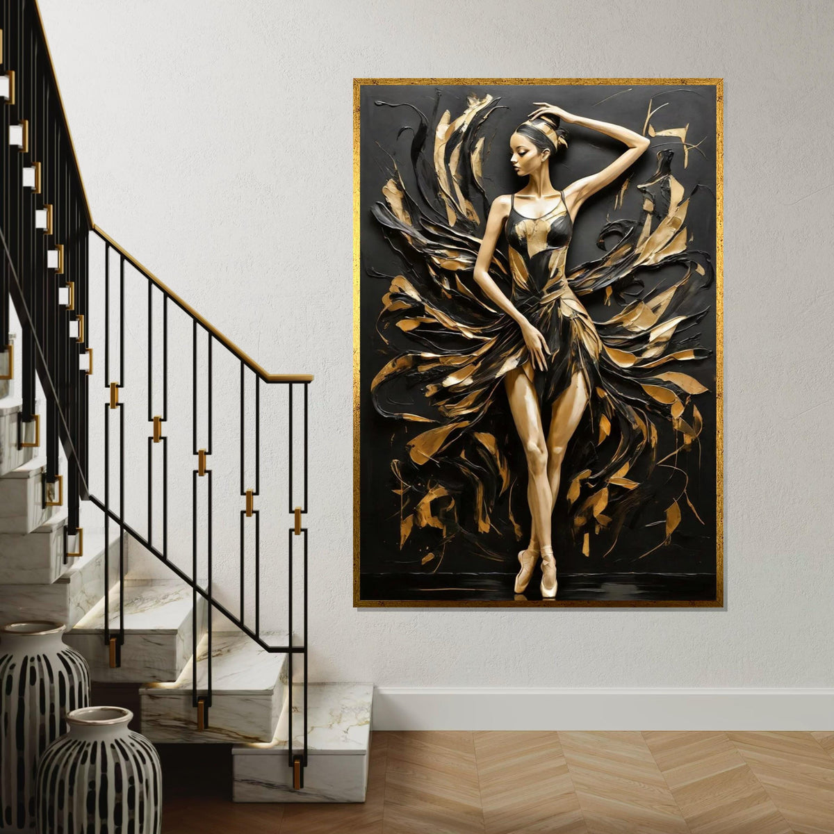 Elegant Ballerina Canvas Art, Dance Wall Art, Black and Gold Canvas, Textured Ballet Decor, Wall Art Canvas Design, Ready to Hang