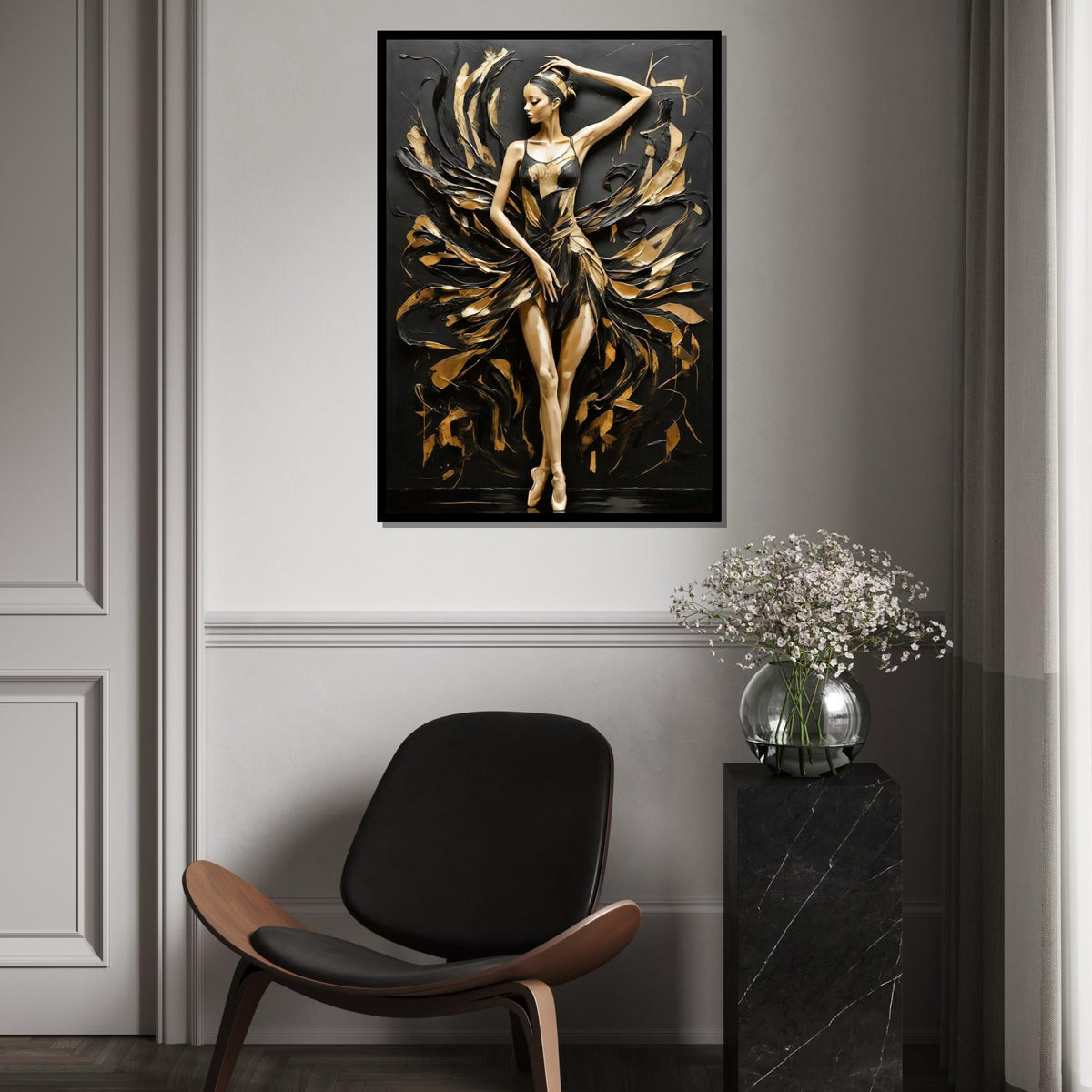 Elegant Ballerina Canvas Art, Dance Wall Art, Black and Gold Canvas, Textured Ballet Decor, Wall Art Canvas Design, Ready to Hang