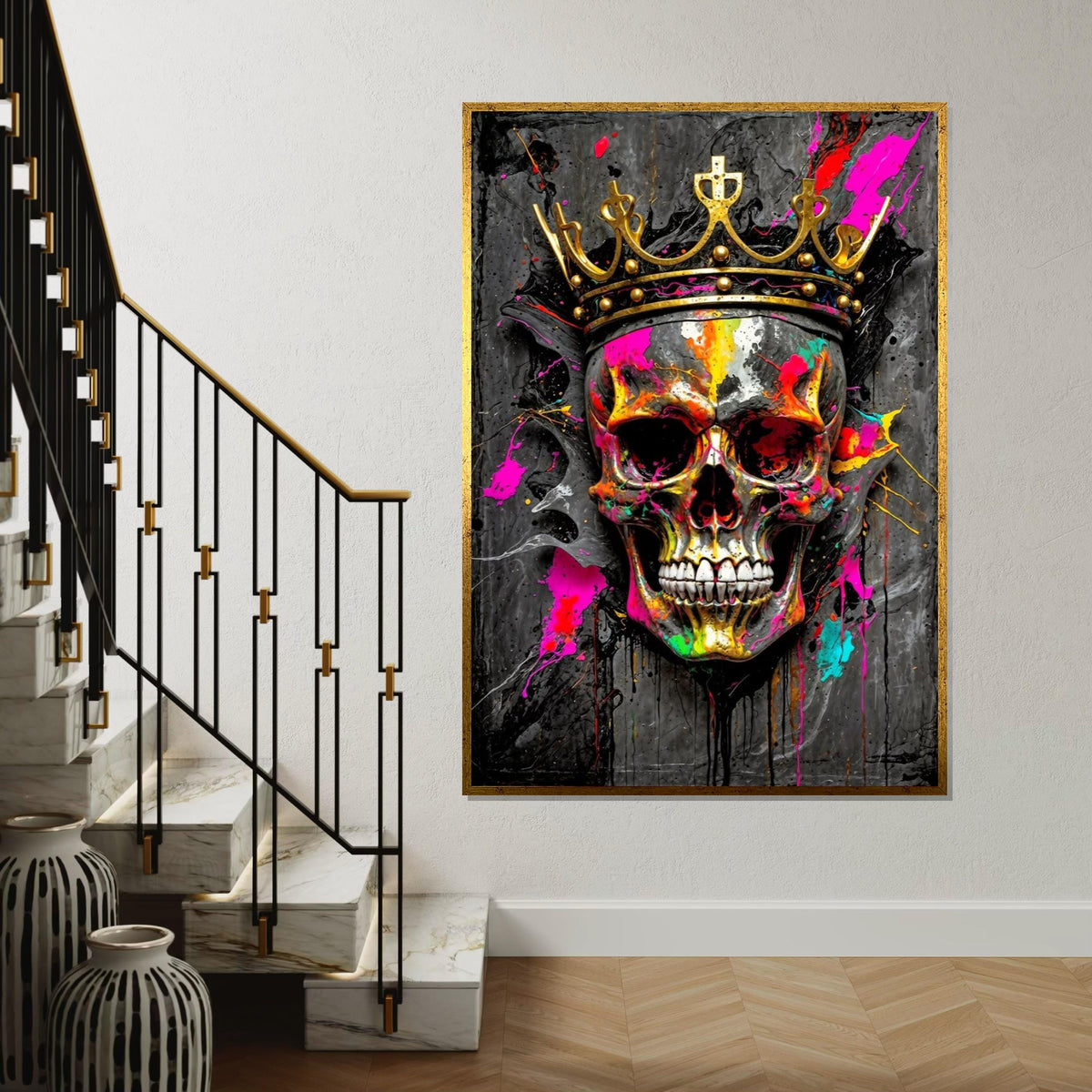 Colorful Skull King Canvas, Multicolor Skull Art, Crowned Skull Wall Print, Wall Art Canvas Design, Ready To Hang Decoration