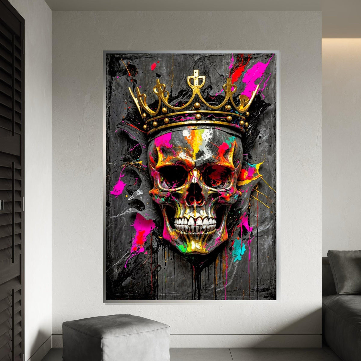 Colorful Skull King Canvas, Multicolor Skull Art, Crowned Skull Wall Print, Wall Art Canvas Design, Ready To Hang Decoration