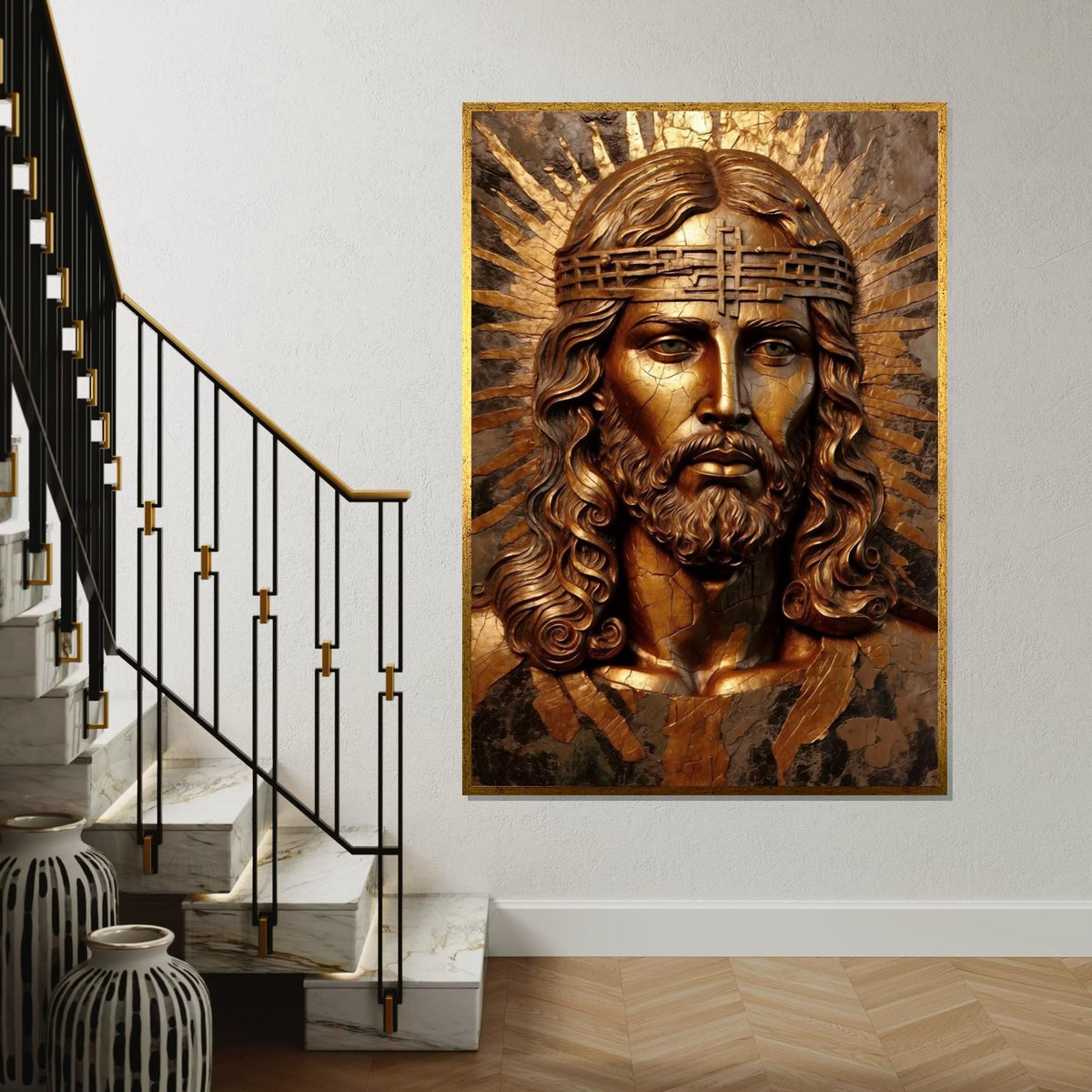 Golden Savior Canvas, Religious Wall Art, Jesus Christ Bronze Effect, Inspirational Canvas Design, Ready To Hang Spiritual Decor