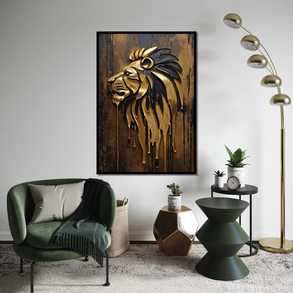 Golden Lion Drip Canvas, Majestic Lion Wall Art, Abstract Lion Poster, Metallic Lion Decor, Wall Art Canvas Design, Ready To Hang