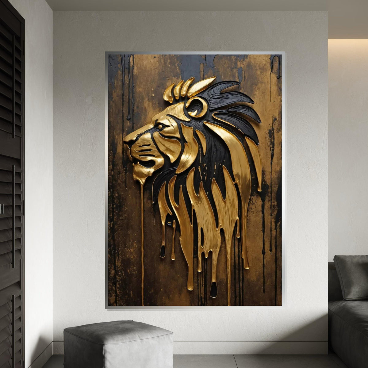 Golden Lion Drip Canvas, Majestic Lion Wall Art, Abstract Lion Poster, Metallic Lion Decor, Wall Art Canvas Design, Ready To Hang