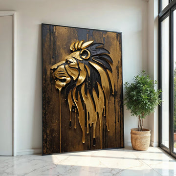 Golden Lion Drip Canvas, Majestic Lion Wall Art, Abstract Lion Poster, Metallic Lion Decor, Wall Art Canvas Design, Ready To Hang