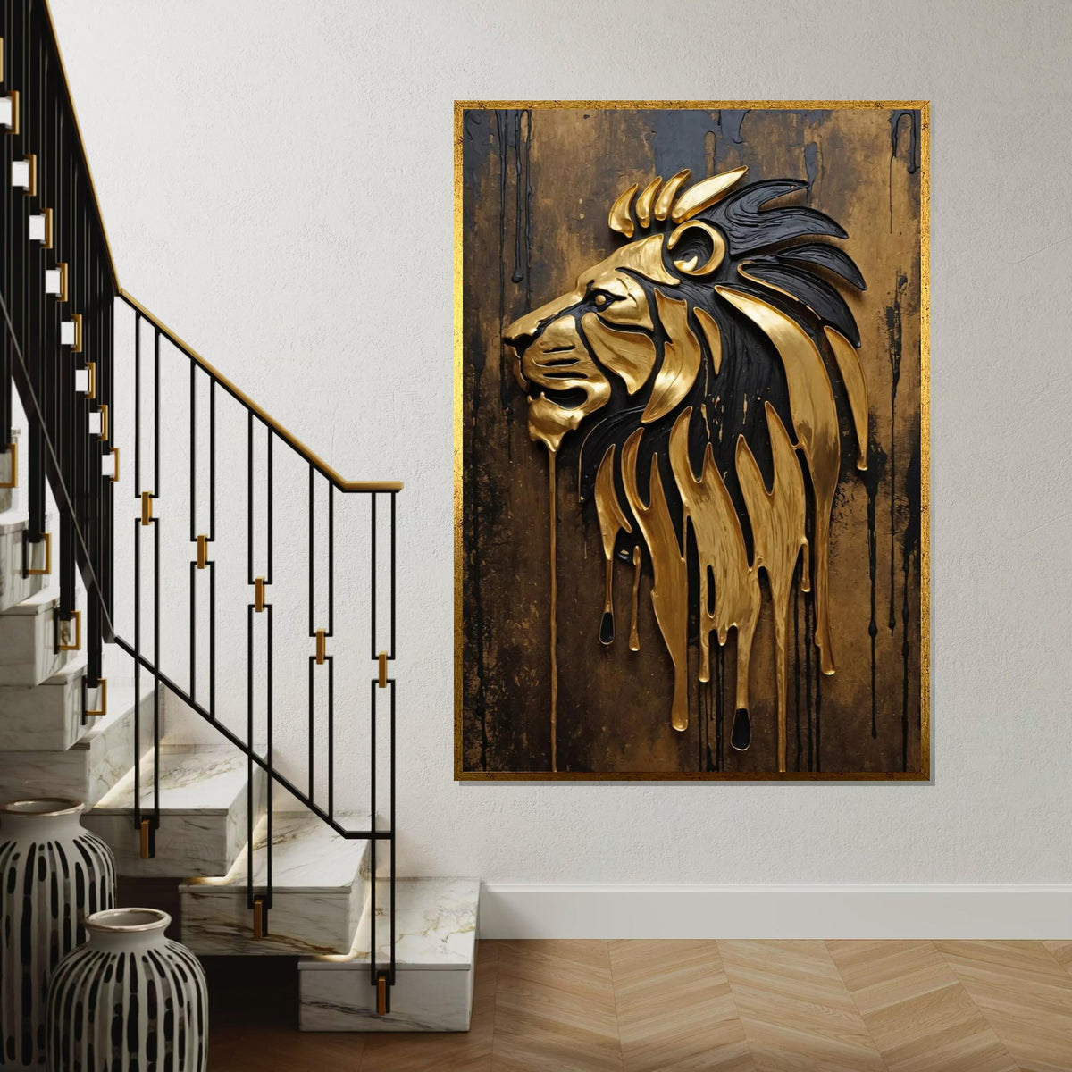 Golden Lion Drip Canvas, Majestic Lion Wall Art, Abstract Lion Poster, Metallic Lion Decor, Wall Art Canvas Design, Ready To Hang