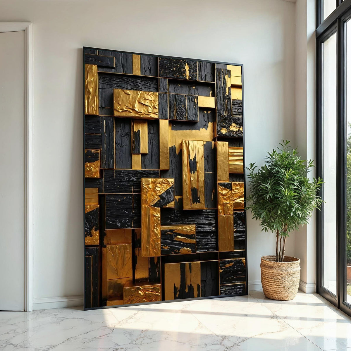 Gold and Black Geometric Canvas Art, Abstract Wall Art, Textured Design, Modern Art Canvas, Wall Decor, Ready to Hang Decoration