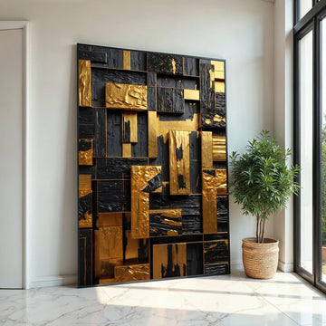 Gold and Black Geometric Canvas Art, Abstract Wall Art, Textured Design, Modern Art Canvas, Wall Decor, Ready to Hang Decoration