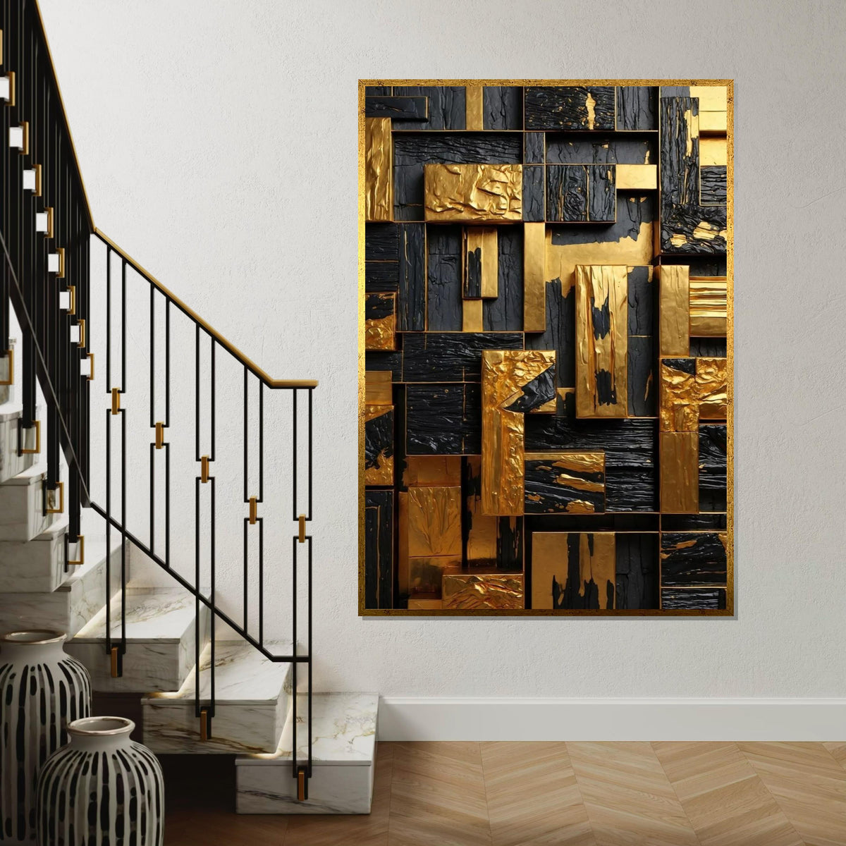 Gold and Black Geometric Canvas Art, Abstract Wall Art, Textured Design, Modern Art Canvas, Wall Decor, Ready to Hang Decoration