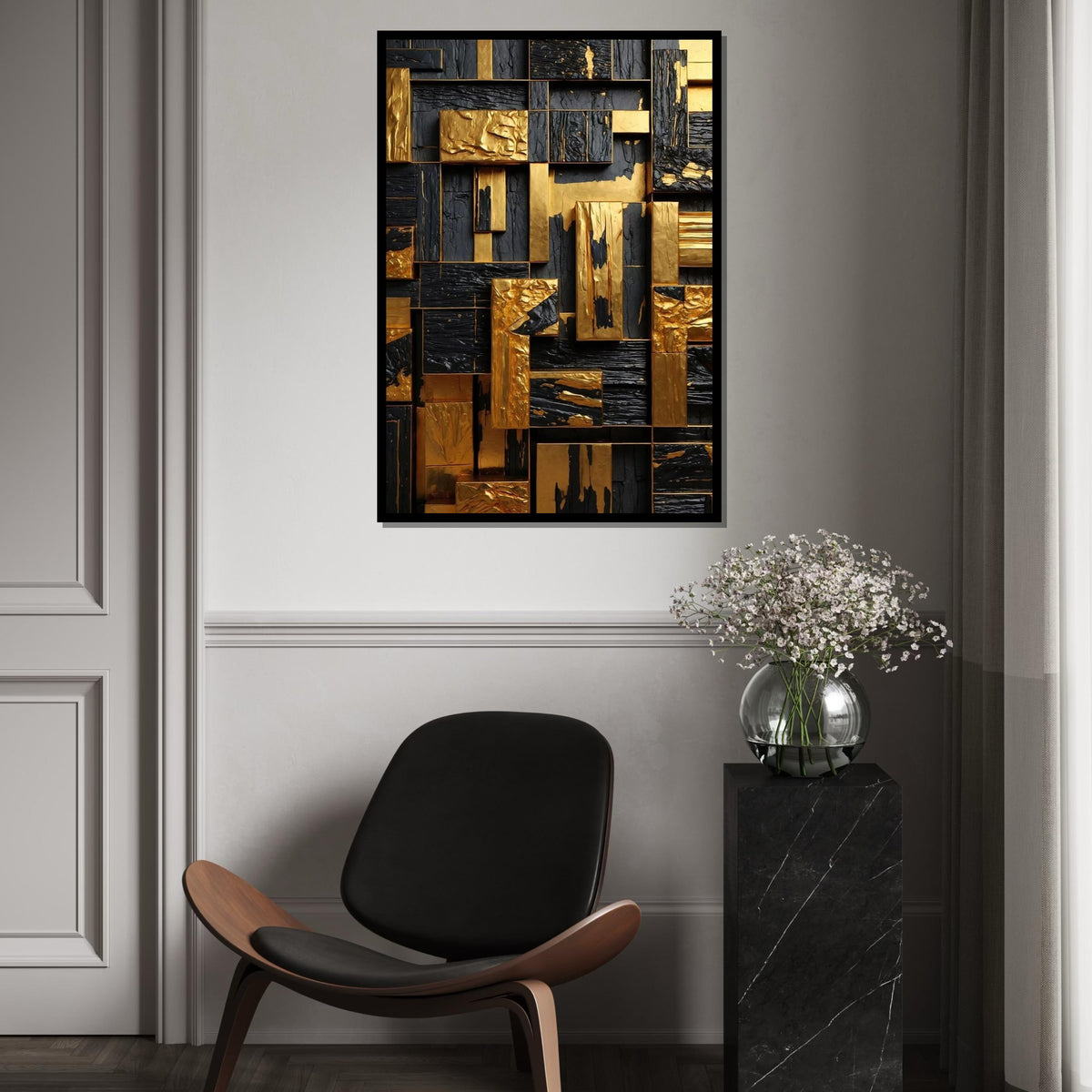 Gold and Black Geometric Canvas Art, Abstract Wall Art, Textured Design, Modern Art Canvas, Wall Decor, Ready to Hang Decoration