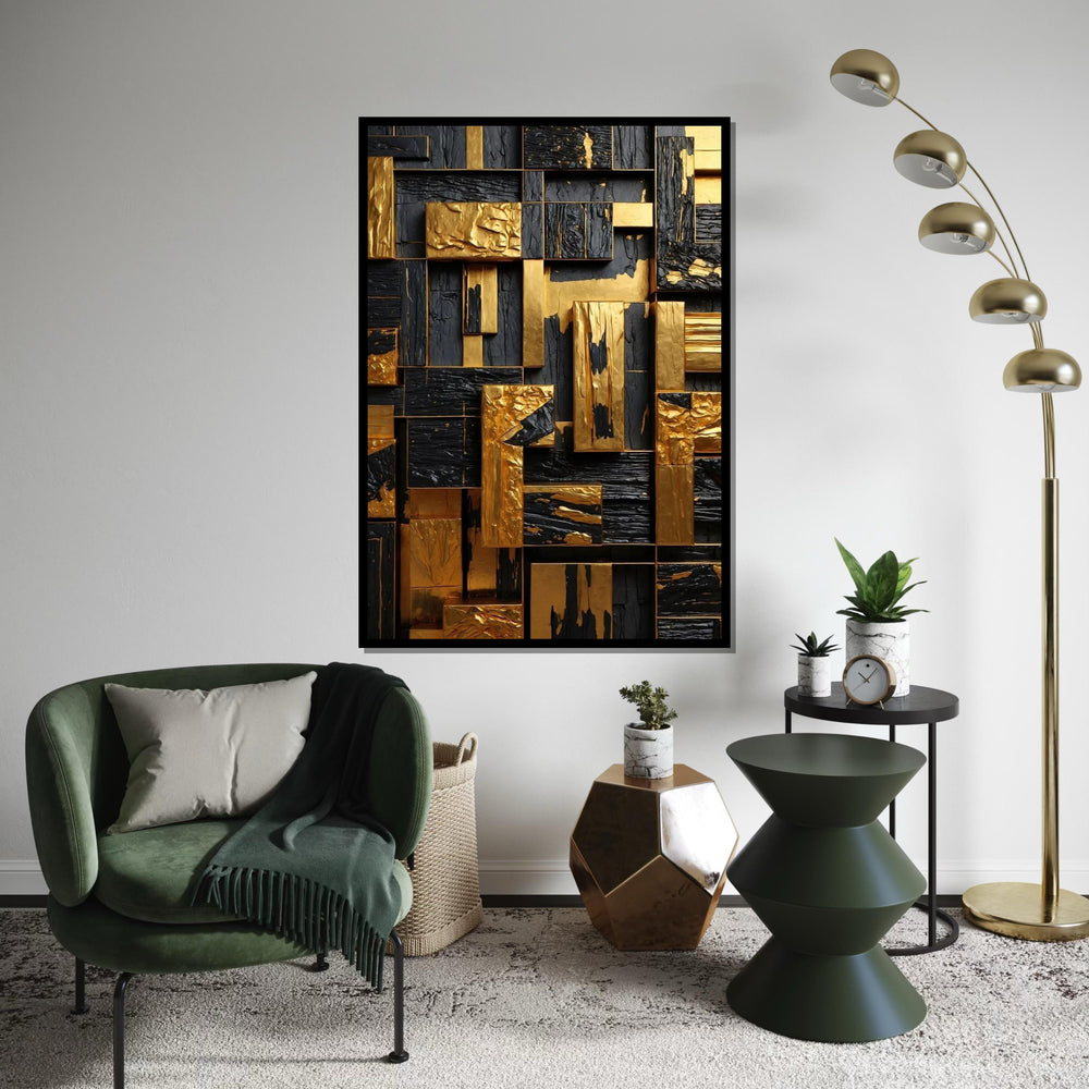 Gold and Black Geometric Canvas Art, Abstract Wall Art, Textured Design, Modern Art Canvas, Wall Decor, Ready to Hang Decoration